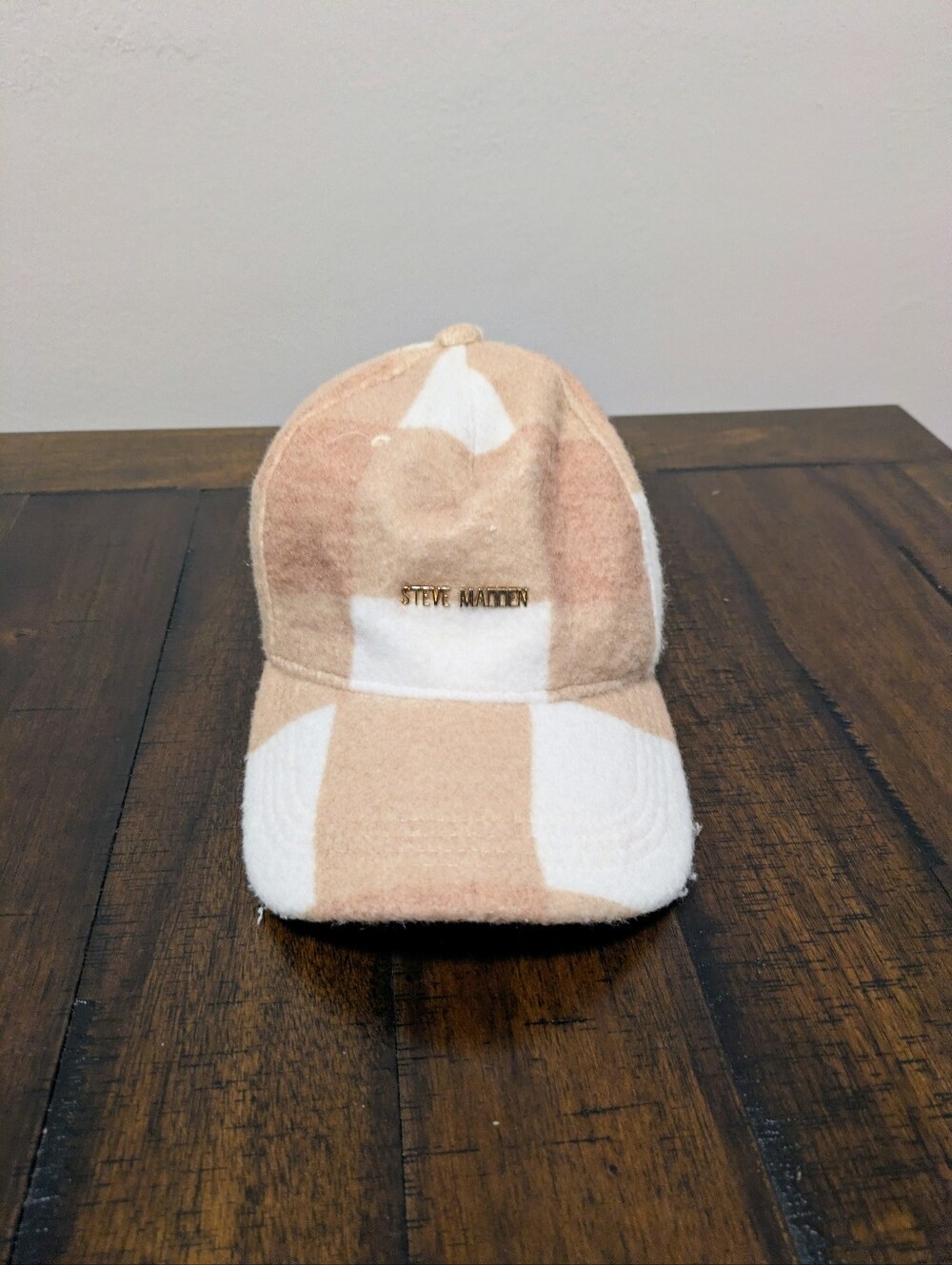 Steve Madden Plaid Checkered Wool Blend tan and cream Baseball Cap Hat